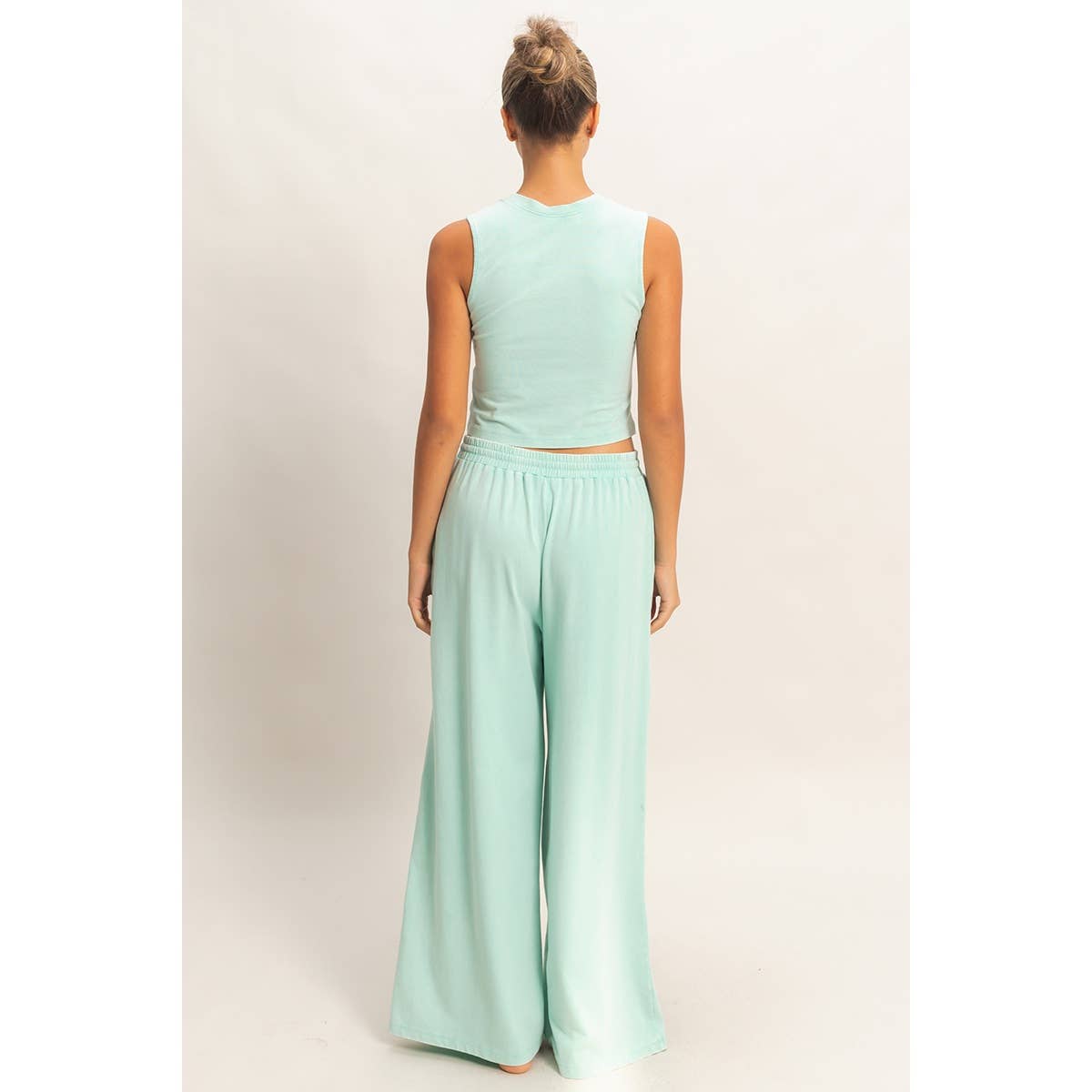 Mineral Washed Sleeveless Top & Wide Leg Pants Set: BLACK / S-M-L(2-2-2)