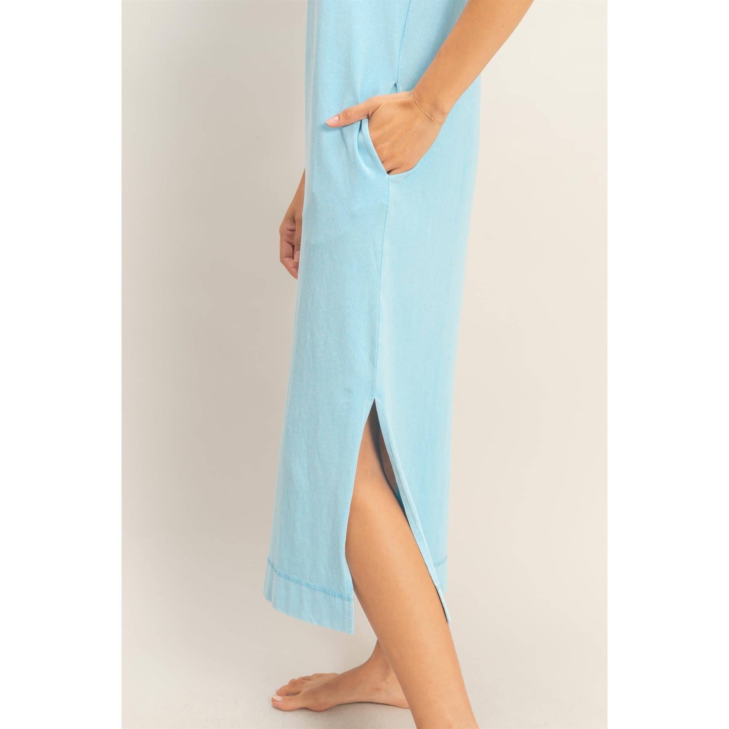 Mineral Wash Cap Sleeve Midi Dress: DARK TEAL / S-M-L(2-2-2)