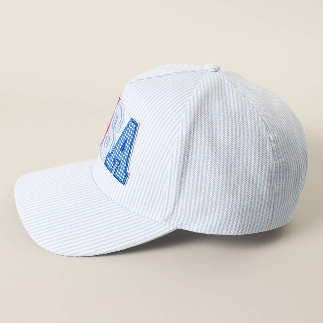 USA Embroidered Patch Varsity-Style Stripe Trucker Hat 
: PINK