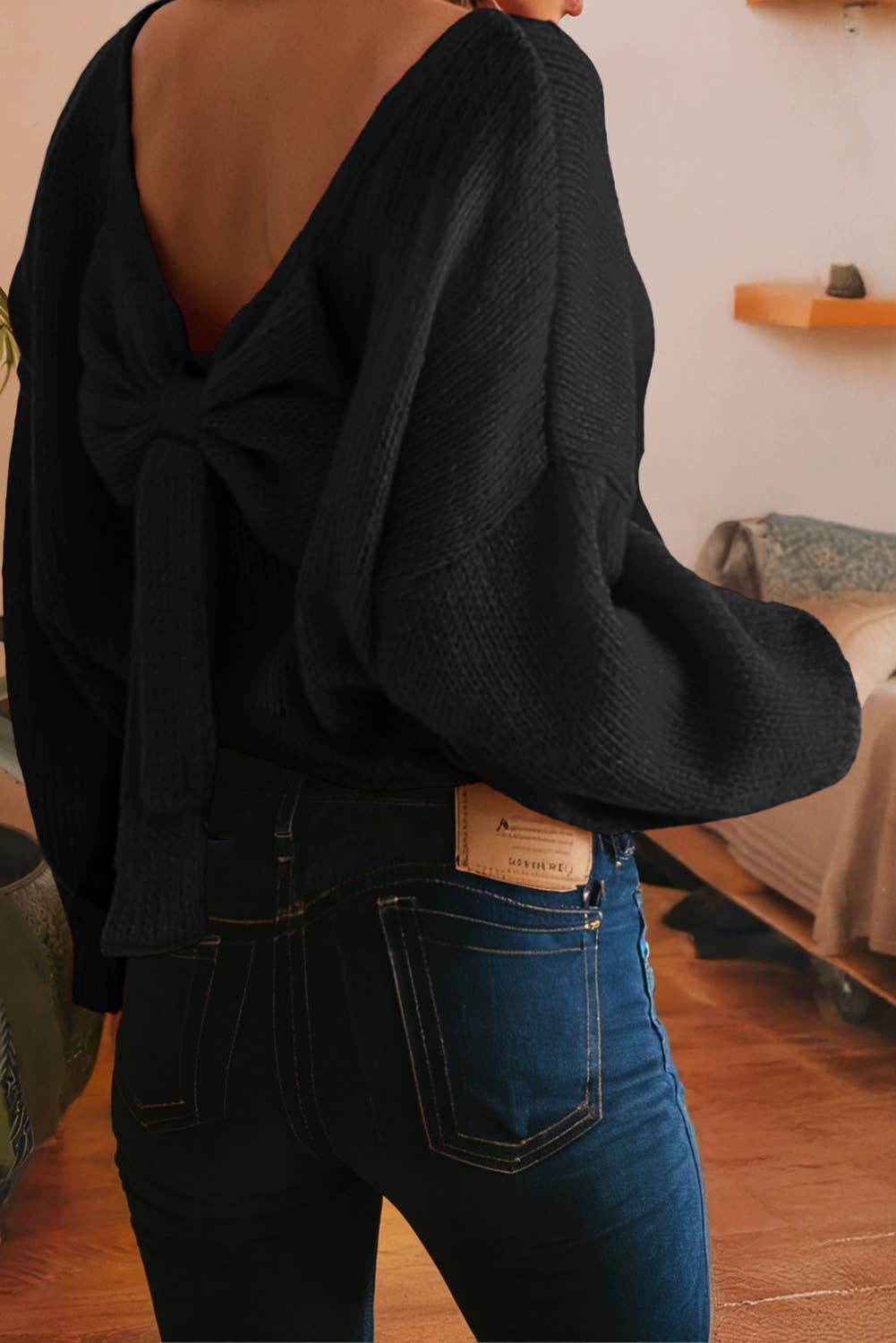 LDC Bow Backless Bubble Sleeve Festive Sweater: Fiery Red / L