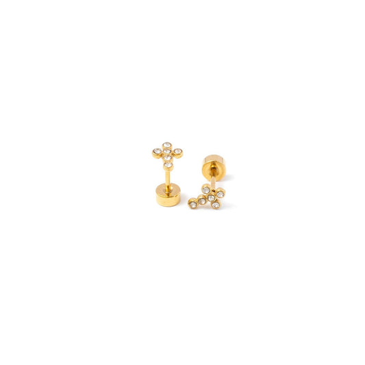 Diamond Cross Stud Earring - Hypoallergenic, Flat Back, Girl: Pair
