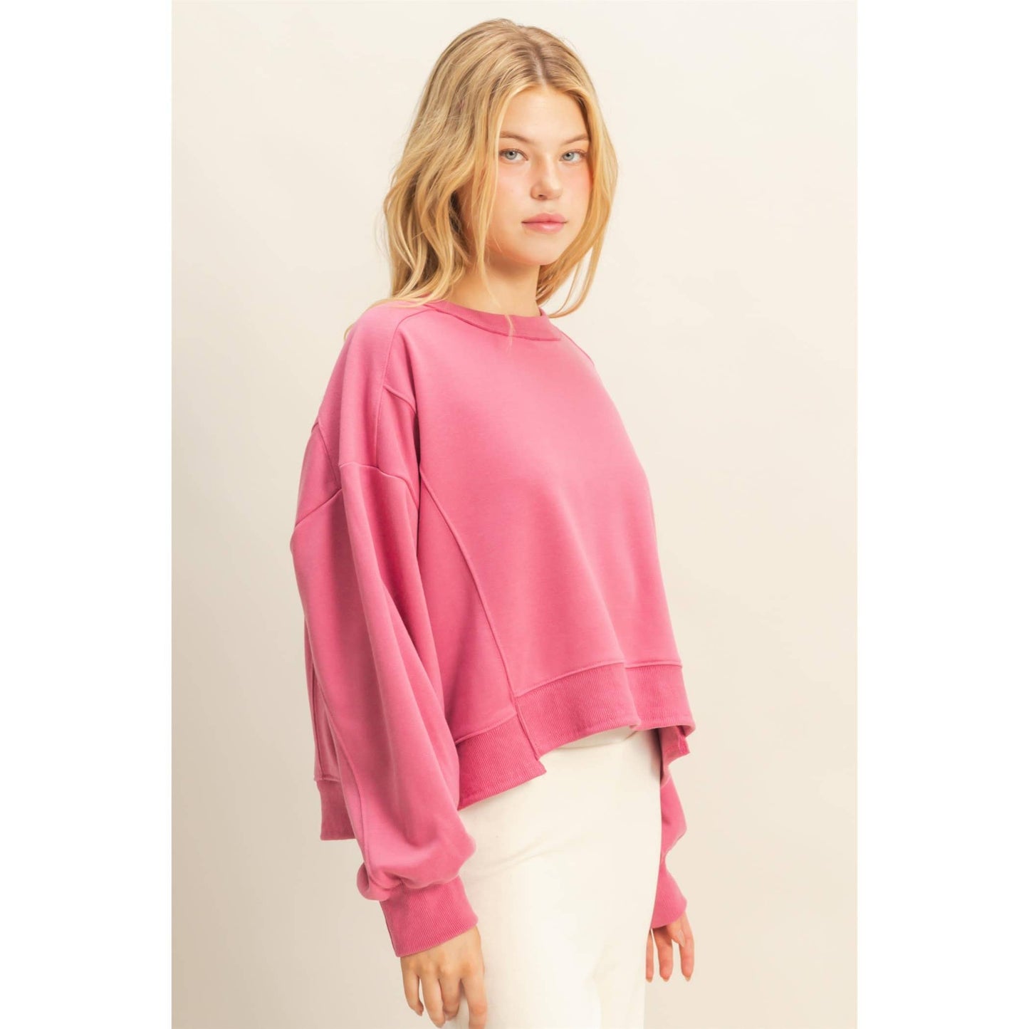 Layered Hem Sweatshirt With Raw Edges: MOSS GREEN / S-M-L(2-2-2)