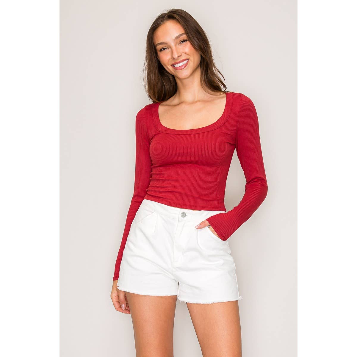 Ribbed Long Sleeve Wide Neck Top: Ballerina / S-M-L(2-2-2)