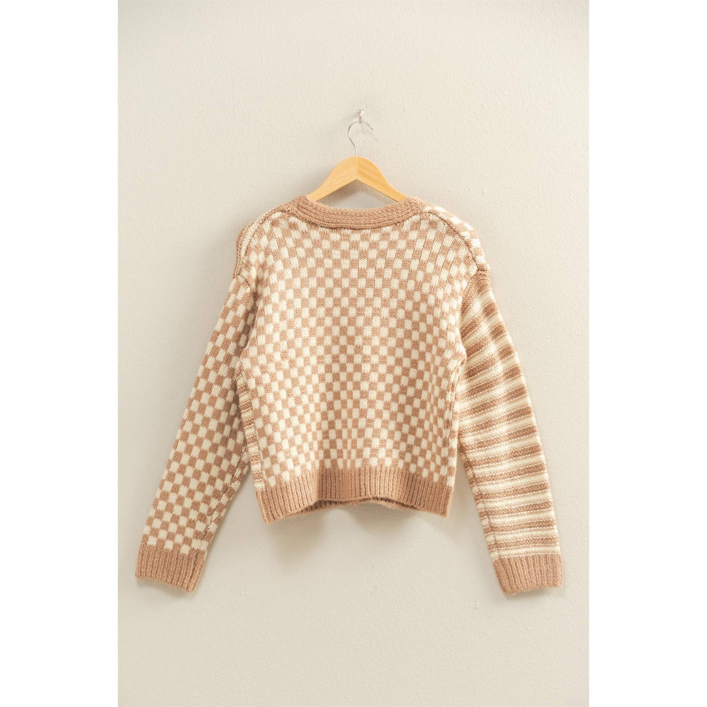 Checker And Stripe Contrast Knit Cardigan Sweater: SOFT PINK/CREAM / S-M-L(2-2-2)