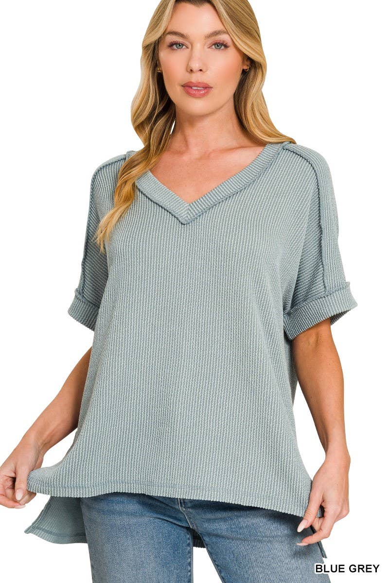 Raised Rib Short Sleeve Hi-low V Neck Top: RUBY / 3-3(S/M-L/XL)