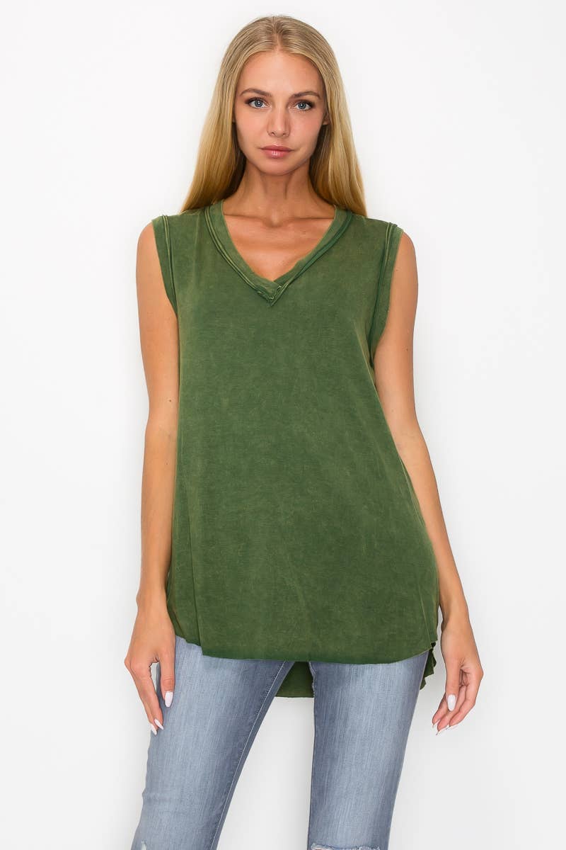 Mineral washed V neck Sleeveless Top HT4004: Olive / S-M-L/2-2-2