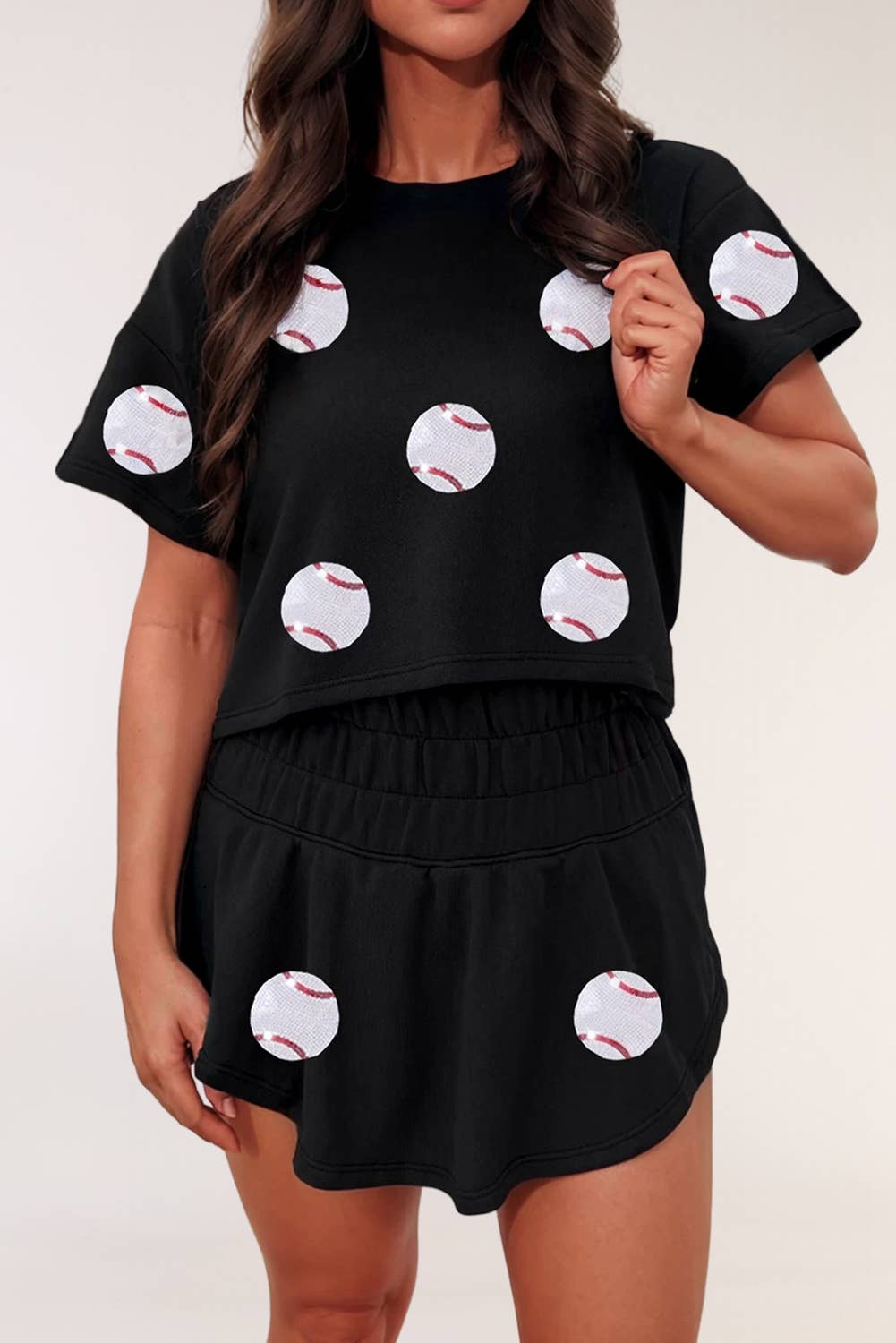 Baseball Print Cropped Tee and Ruffle High Waist Skort Set: Black / Missy / XL