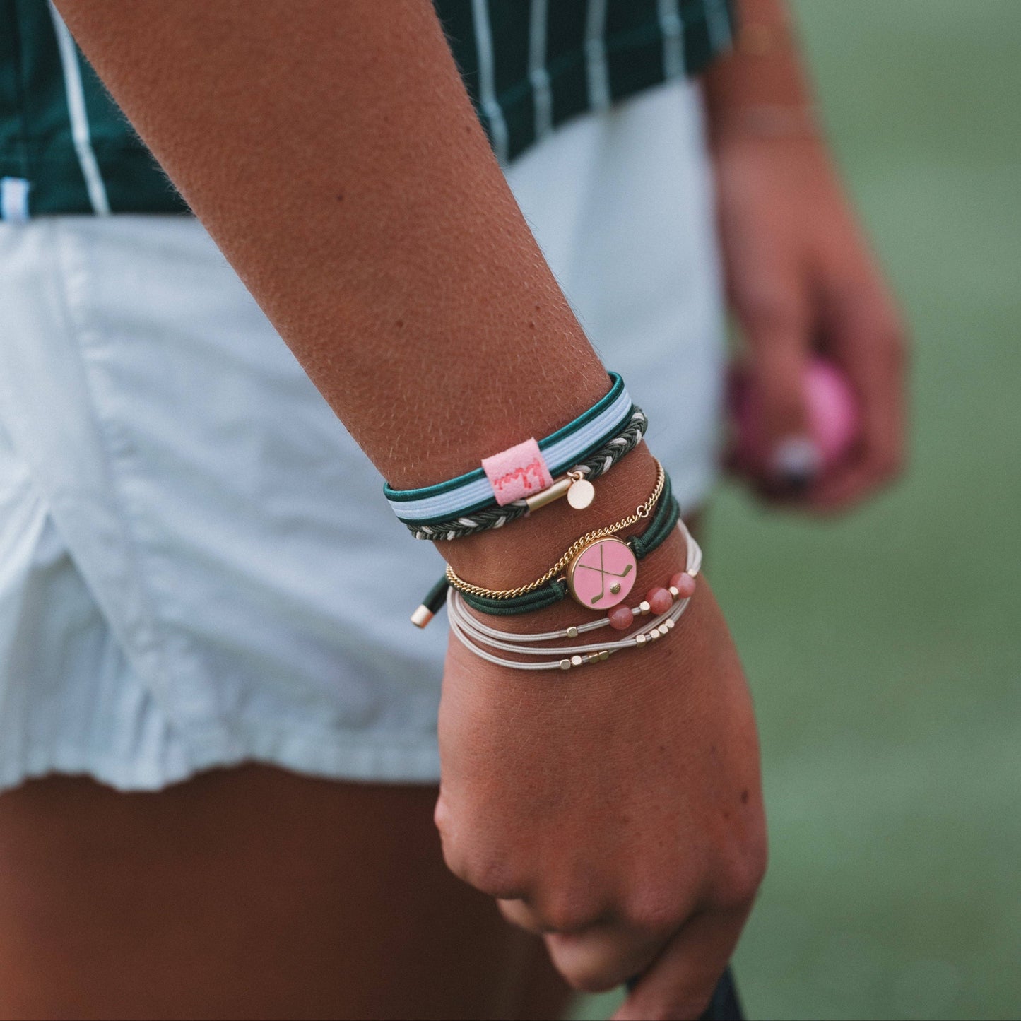 "Tee Time" Green and Pink Hair Tie Bracelets with Removable Ball Marker: Small