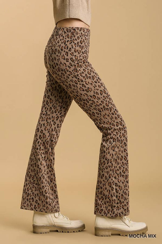 Animal Print Stretch Bell Bottom Pants With Elastic Waistban: MOCHA MIX / 2-2-2 (S-M-L)