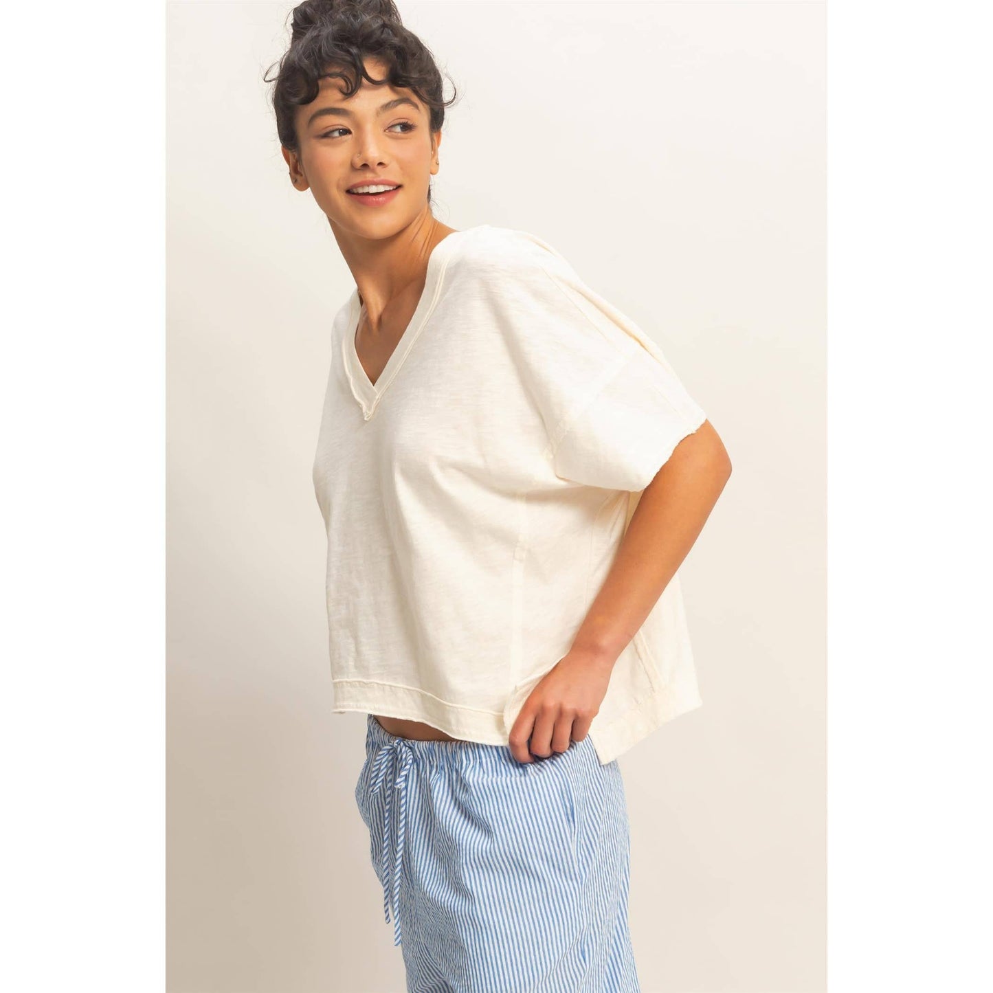 Oversized V-Neck Short Sleeve Top: TAFFY PINK / S-M-L(2-2-2)