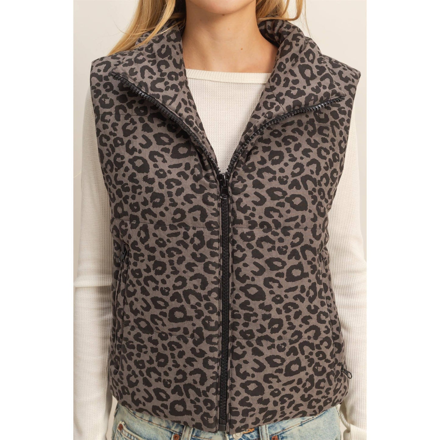 Leopard Print Puffer Vest: BLACK / S-M-L(2-2-2)