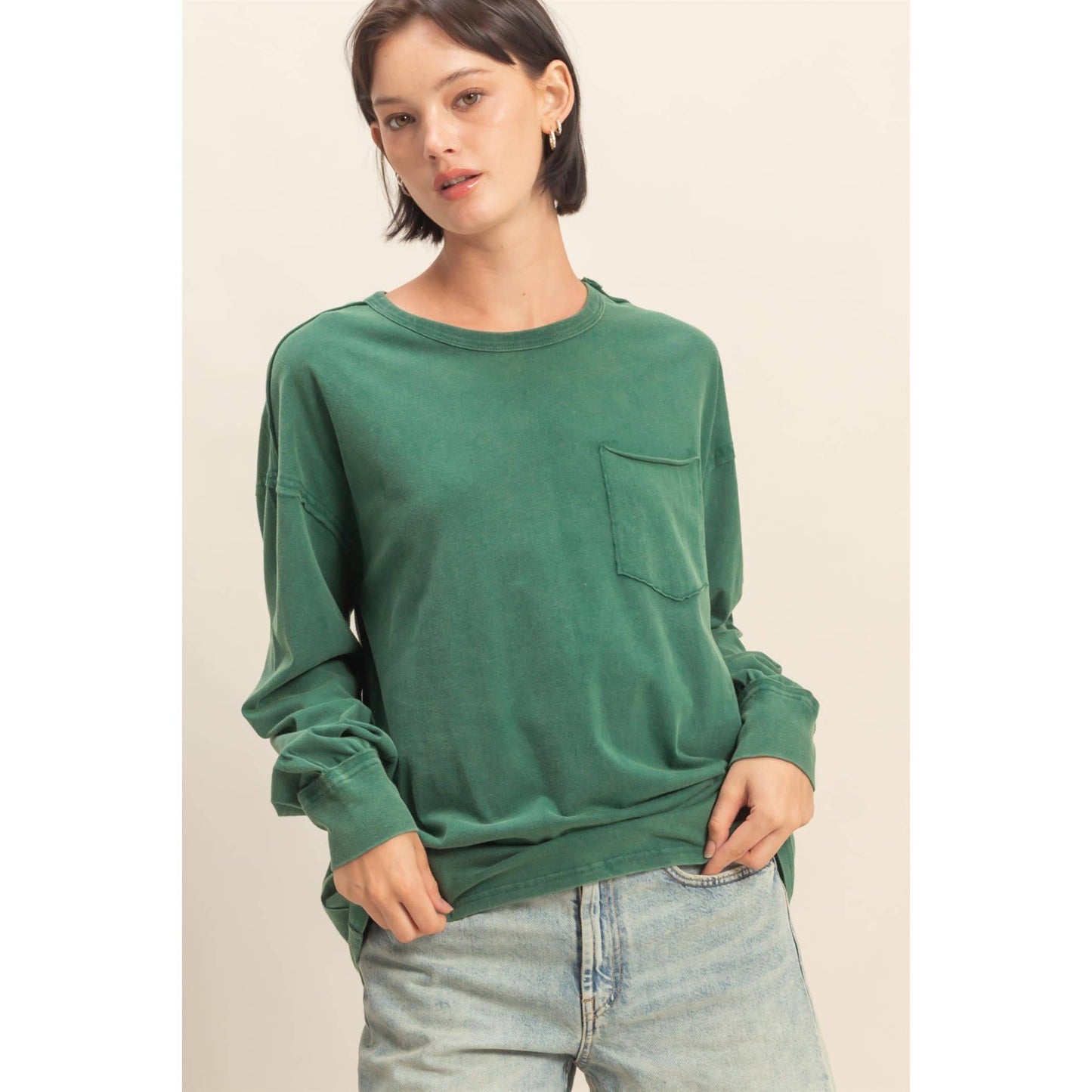 Oversized Washed Long Sleeve Pocket Tee: BLACK / S-M-L(2-2-2)