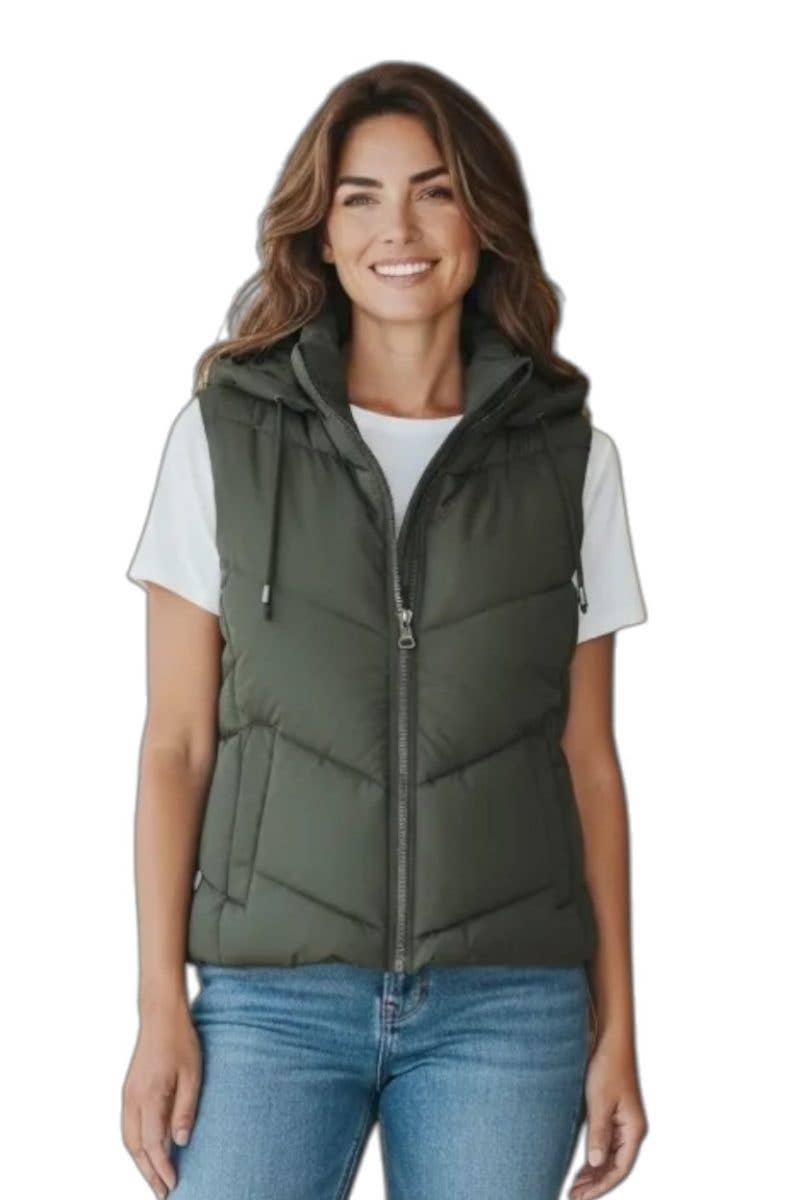 Woven Puffer Vest with Hood: BLACK / 1-2-2-1(S-M-L-XL)