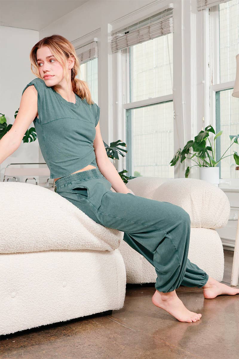 Rolled Sleeve Wrap-Front Crop Top And Jogger Set: DARK TEAL / S-M-L(2-2-2)