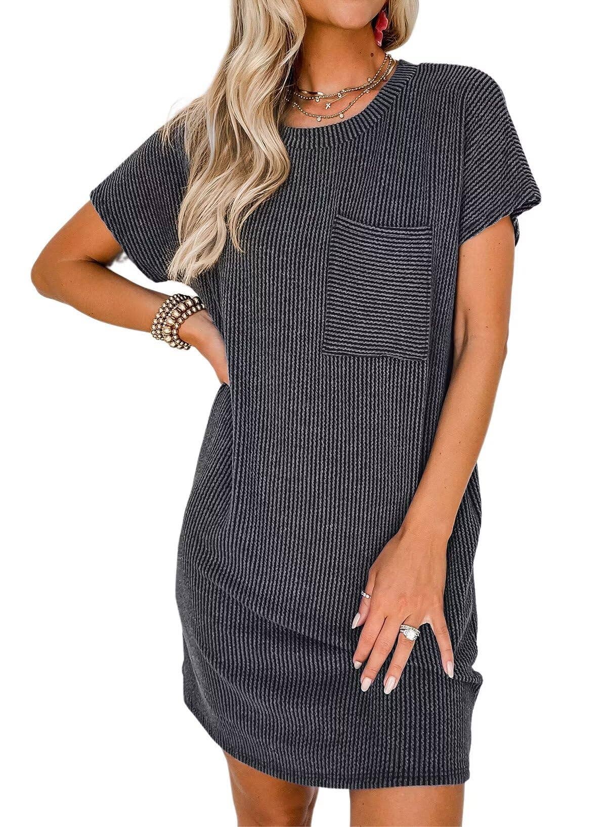 Summer Casual T-shirt Short-sleeved Dress (With Pockets): Black / 65%Rayon + 35%Polyester / L