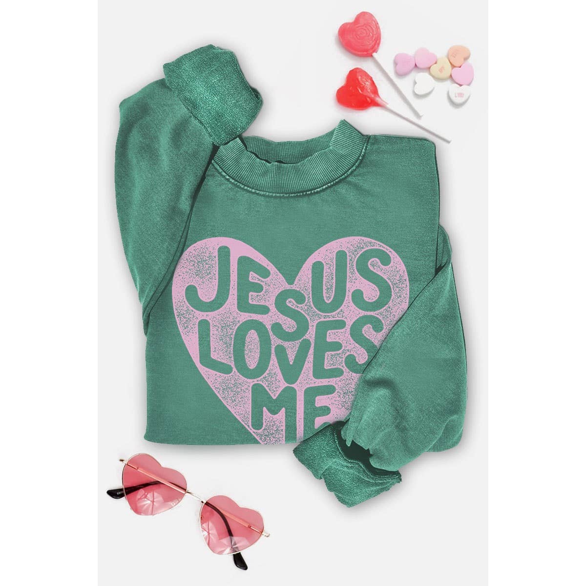 JESUS LOVES ME MINERAL GRAPHIC SWEATWHIRTS: Mineral Grey / S-M-L-XL(1-2-2-1)