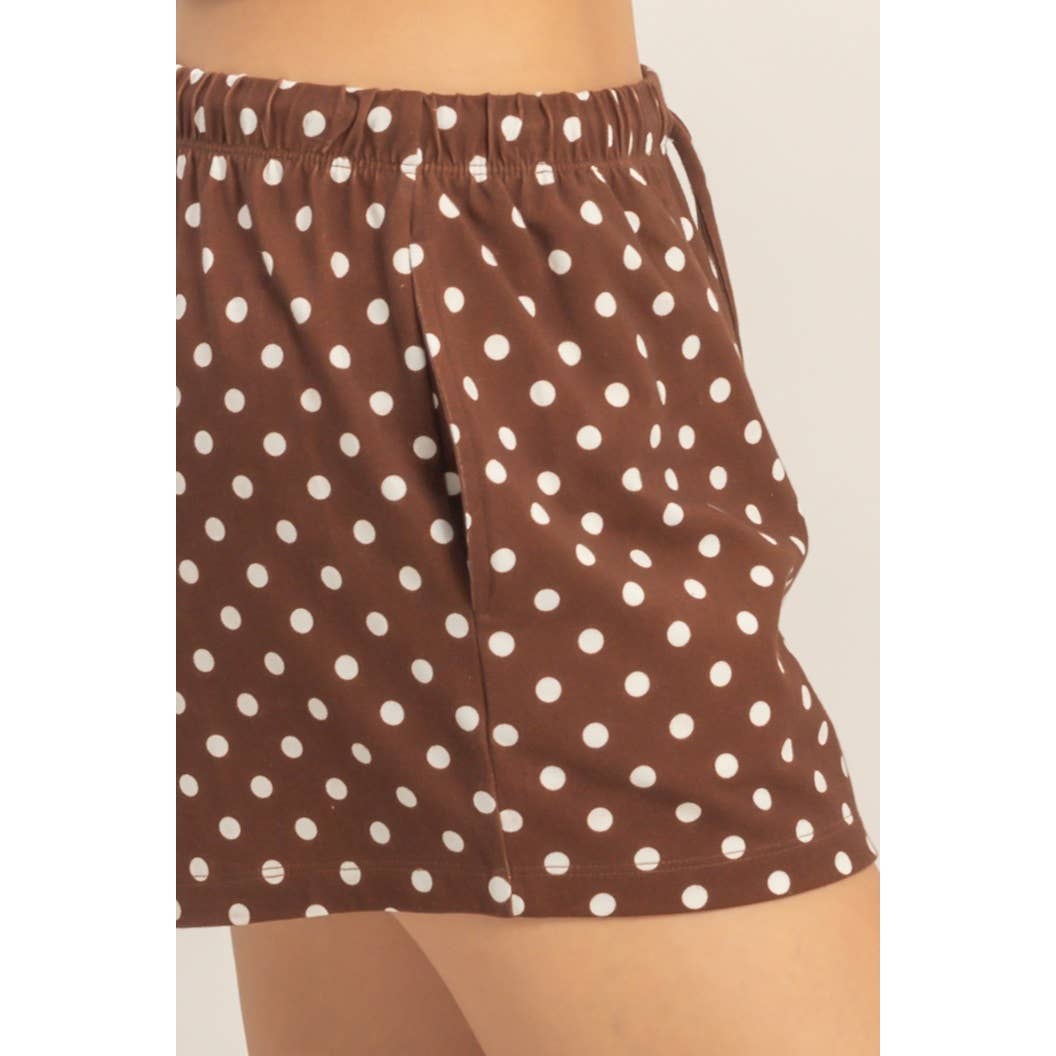 Polka Dot Drawstring Shorts: BROWN / S-M-L(2-2-2)