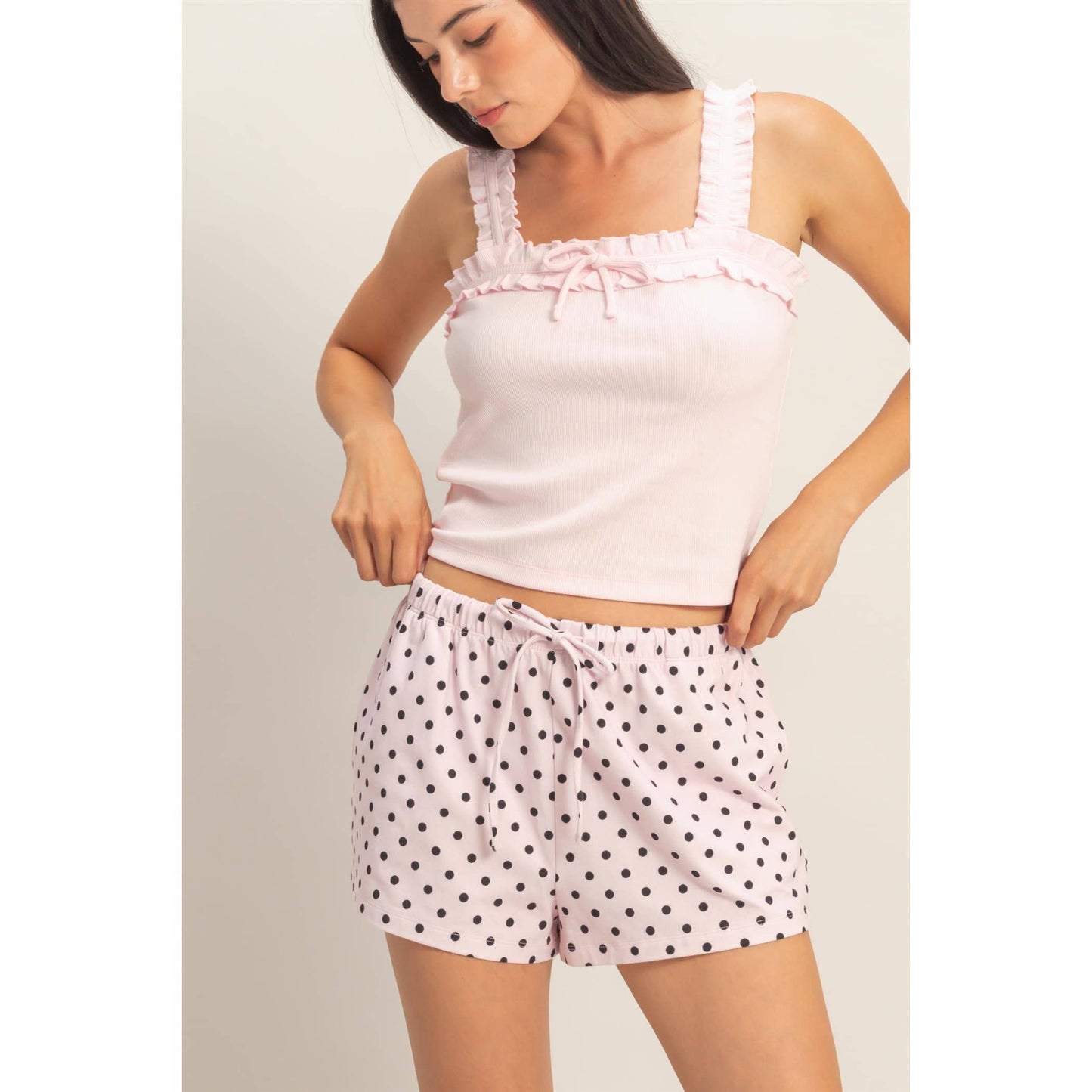 Polka Dot Drawstring Shorts: BROWN / S-M-L(2-2-2)