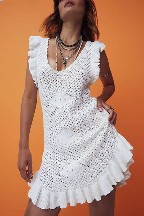 Low cut Ruffle Crochet Knit Beach Cover Up Dress: Blue / S
