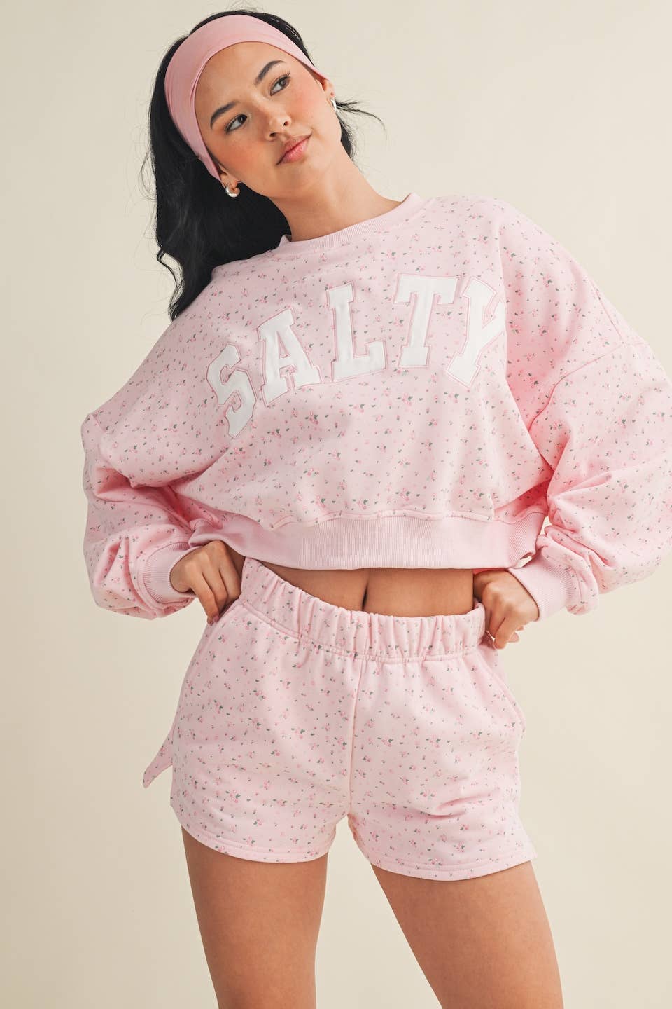 Salty Ditsy Print Crewneck Crop Sweatshirt: Lemon Ditsy / M