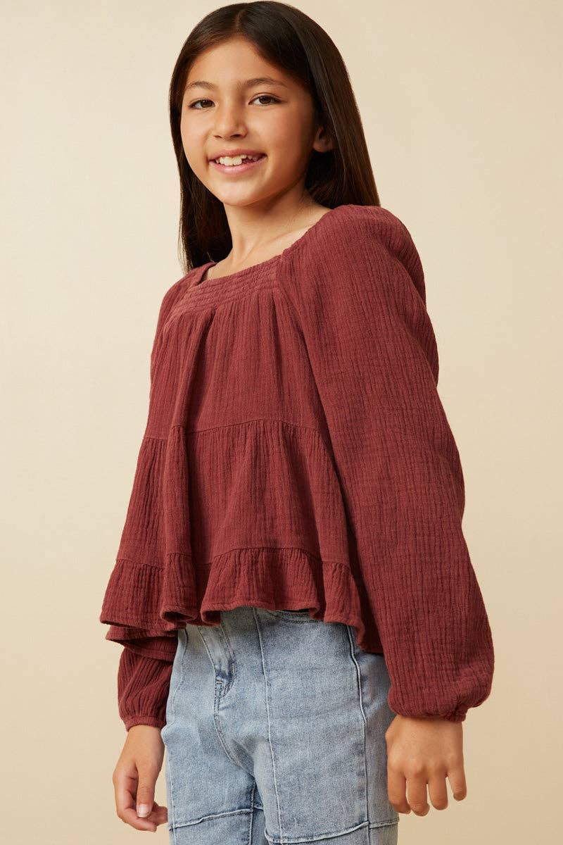 Girls Smock Detailed Textured Washed Peplum Top - 4 Pack: Black / Pack