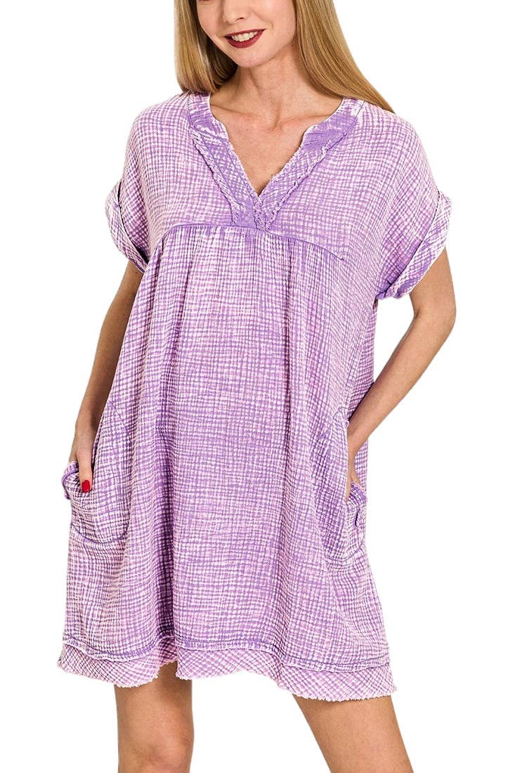 Washed Double Gauze Raw Edge V-neck Dress: DEEP SKY / 2-2-2(S-M-L)