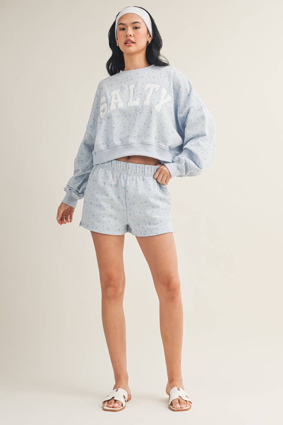 Salty Ditsy Print Crewneck Crop Sweatshirt: Pink Ditsy / S