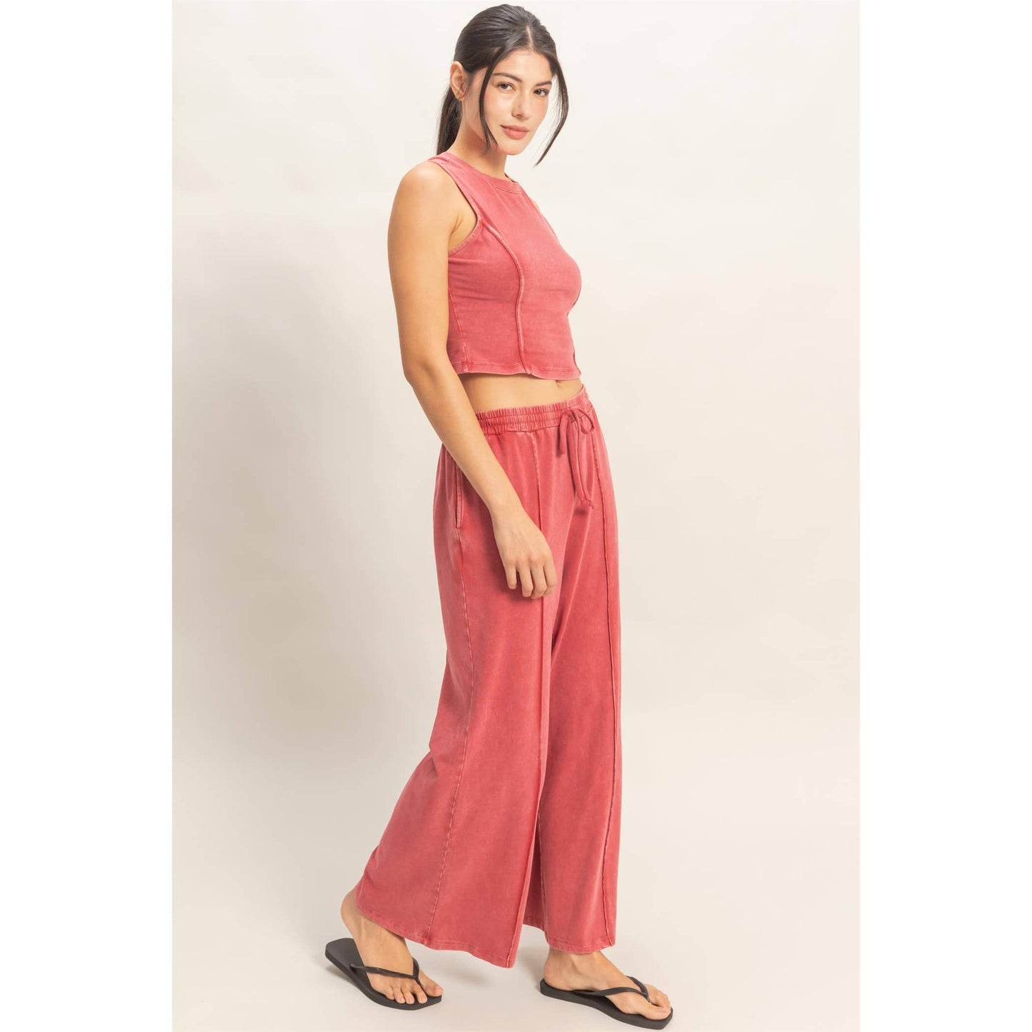 Mineral Washed Sleeveless Top & Wide Leg Pants Set: FUCHSIA / S-M-L(2-2-2)