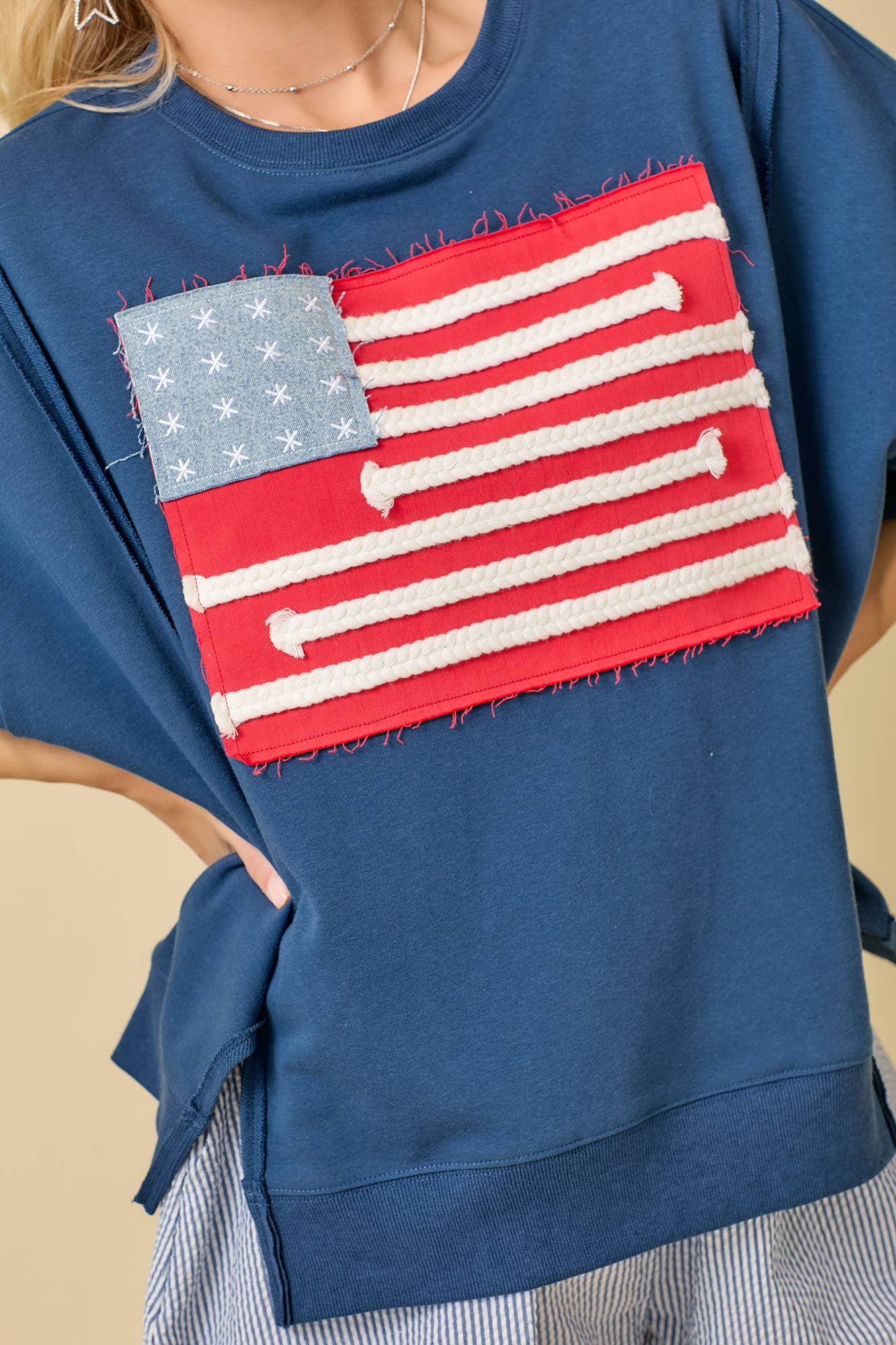 Boxy Wide Short Sleeve Top With American Flag Patchwork: DARK BLUE / M
