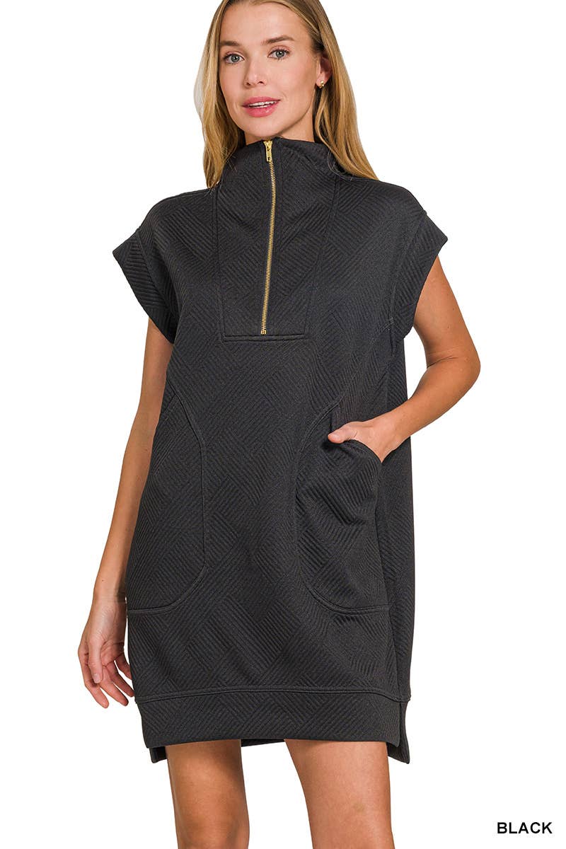 Textured Knit Jacquard Quarter Zipper Mini Dress: DUSTY BLUE / 2-2-2 (S-M-L)
