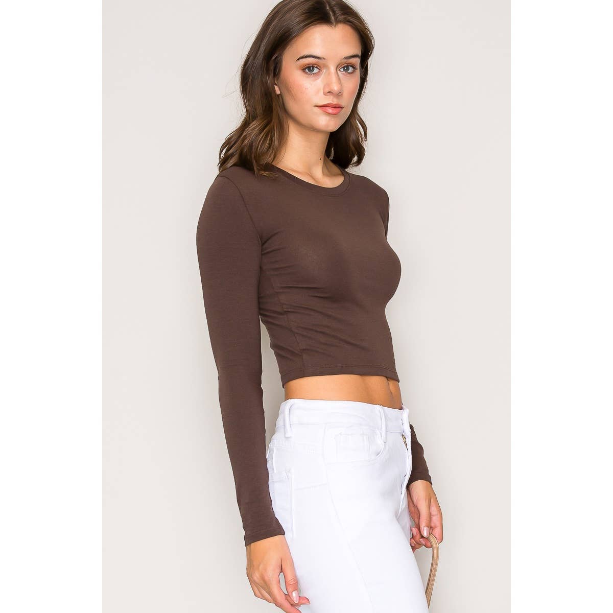 Crew Neck Long Sleeve Cotton Cropped Knit Top: Chili Oil / S-M-L(2-2-2)