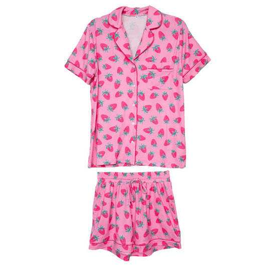 Pink Strawberry Print Pajama Sets for Women: Pink / M