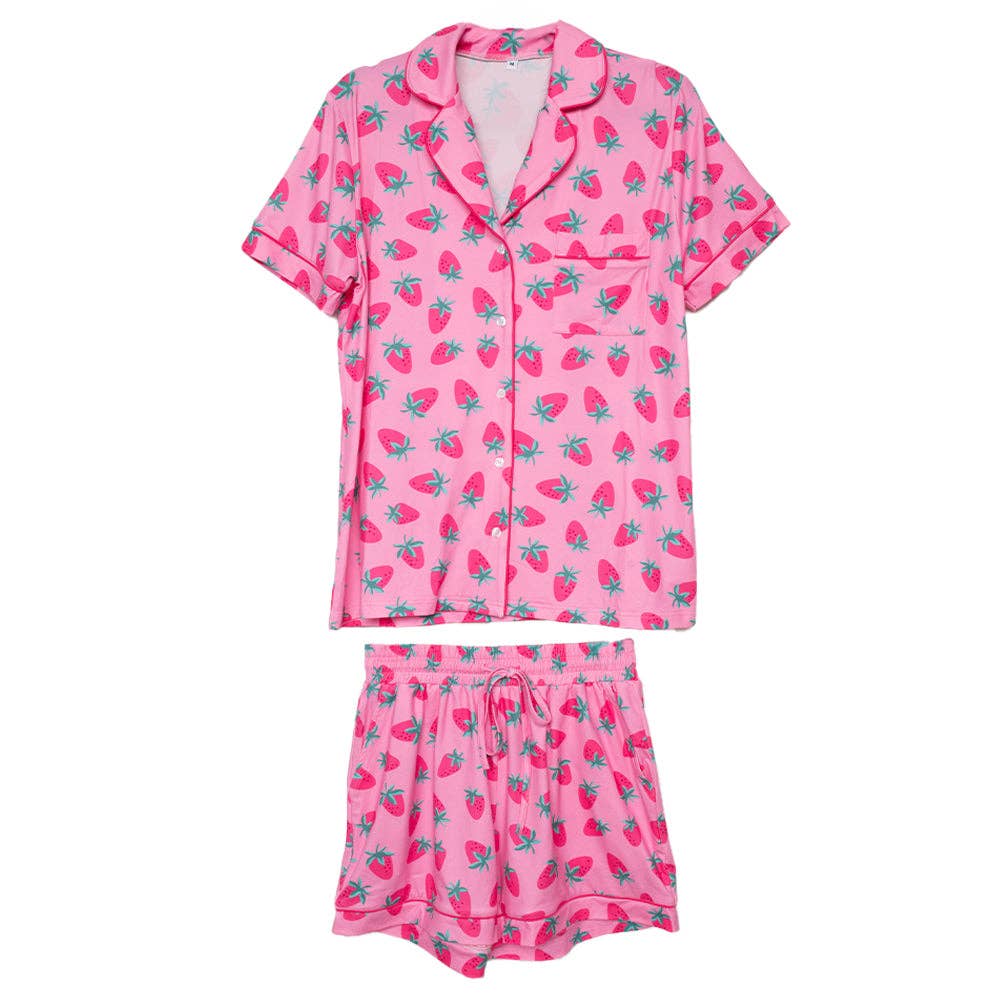 Pink Strawberry Print Pajama Sets for Women: Pink / L