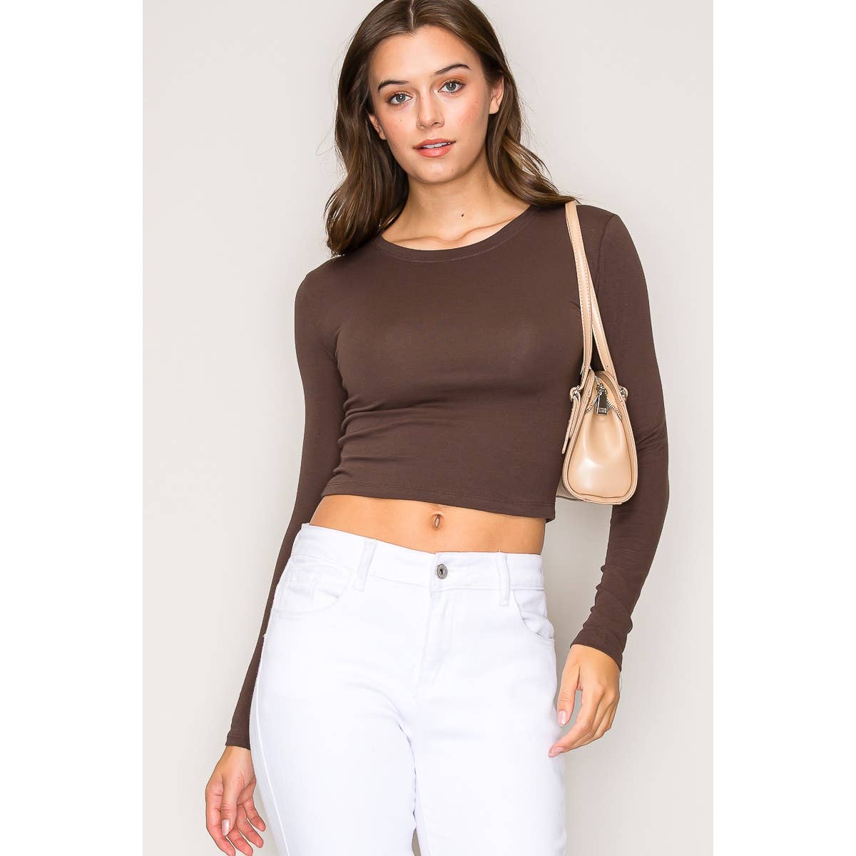 Crew Neck Long Sleeve Cotton Cropped Knit Top: Chili Oil / S-M-L(2-2-2)