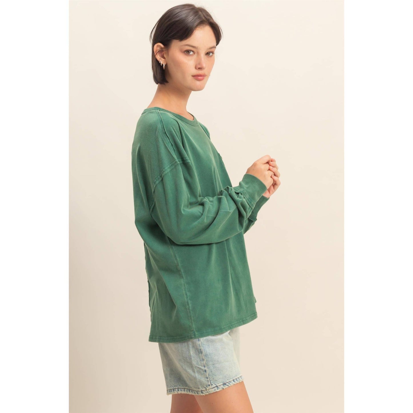 Oversized Washed Long Sleeve Pocket Tee: BLACK / S-M-L(2-2-2)