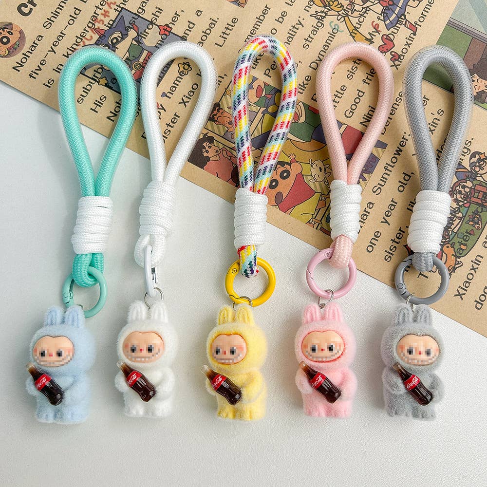 Get Cola in my hands Fluffy Labubu bag charm rope keychain: Purple
