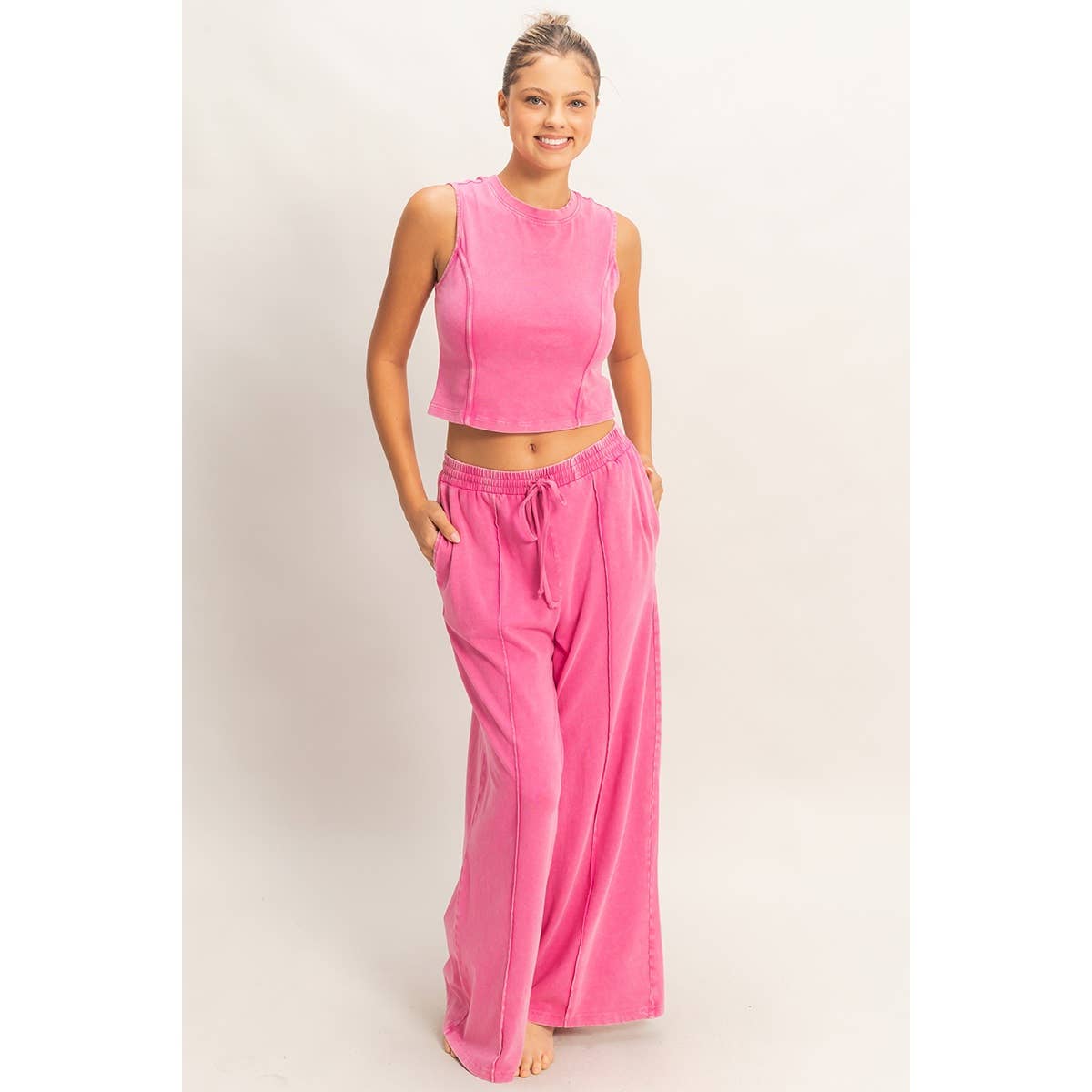 Mineral Washed Sleeveless Top & Wide Leg Pants Set: BLACK / S-M-L(2-2-2)