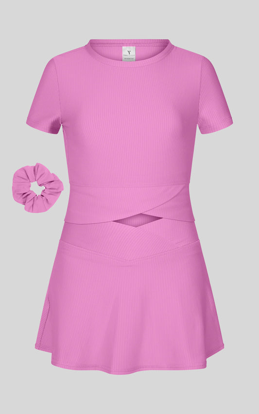 Little Girl Rib Marie Crossover Top and Skort Set: PINK BLOOM