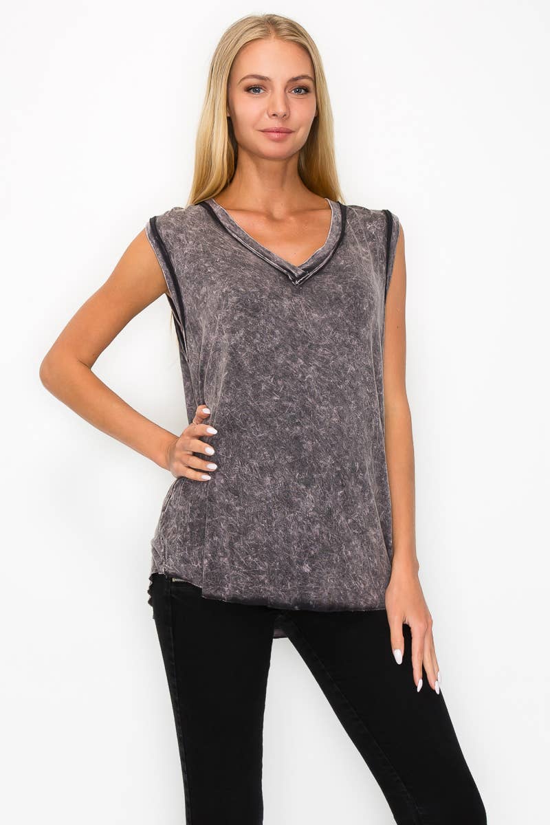 Mineral washed V neck Sleeveless Top HT4004: Olive / S-M-L/2-2-2