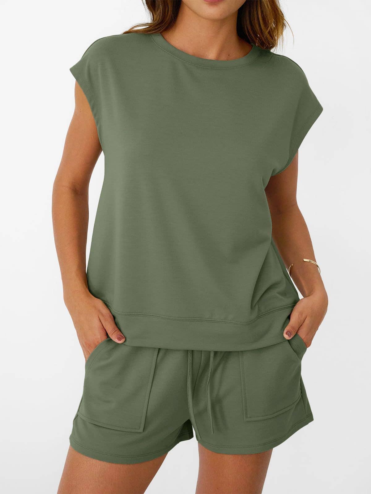 Womens Black Lounge Set Cap Sleeve Top and Shorts: Rose Red / 65%Polyester+30%Viscose+5%Elastane / S