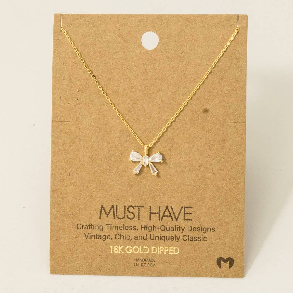 Rhinestone Ribbon Bow Pendant Necklace: G