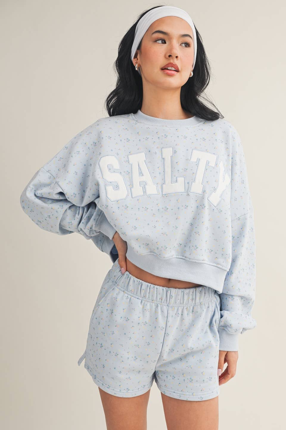Salty Ditsy Print Crewneck Crop Sweatshirt: Pink Ditsy / M
