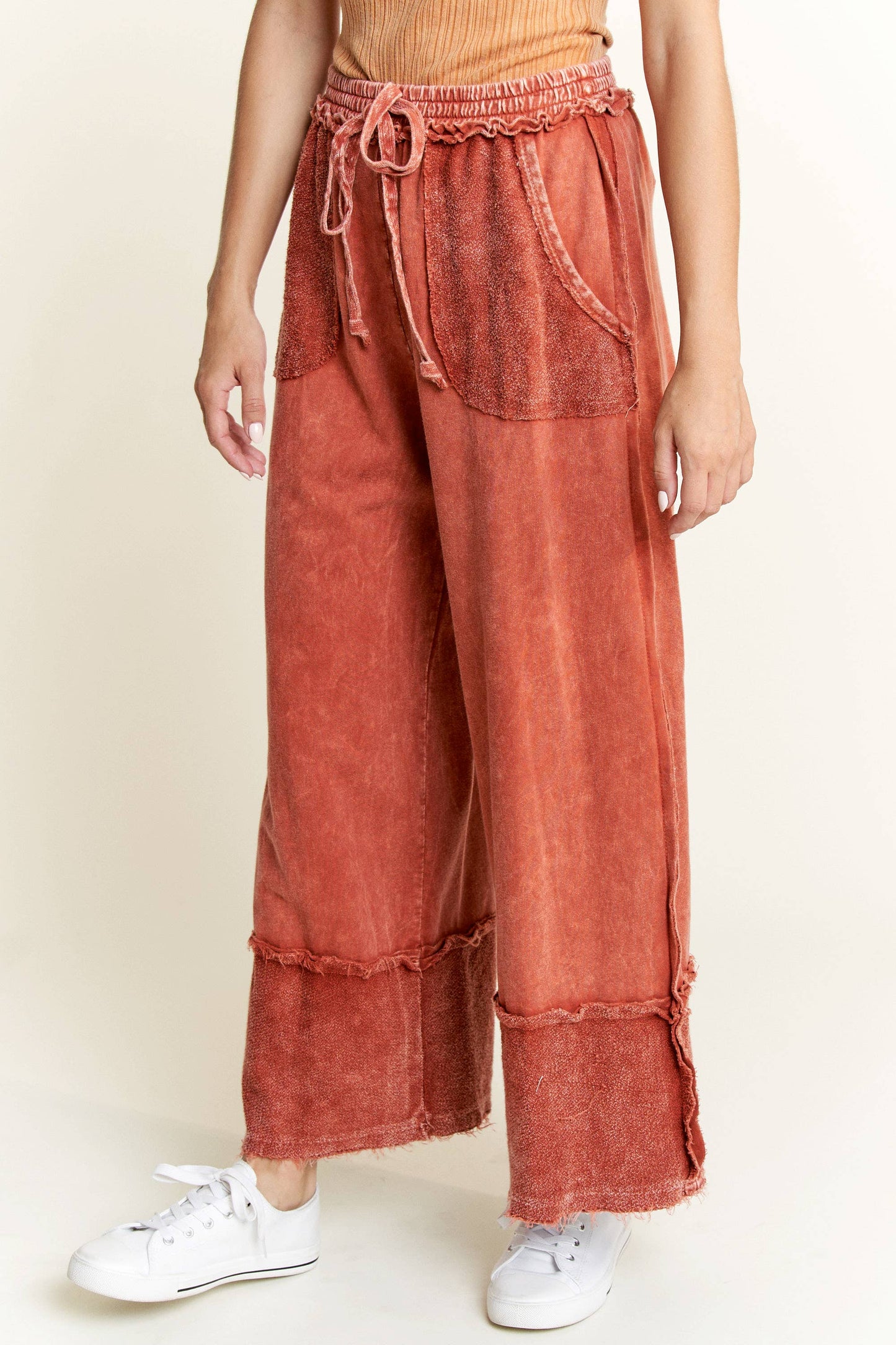 MineralWash Wide Pants with raw hem frayed details HP5536..: Latte / S-M-L / 2-2-2