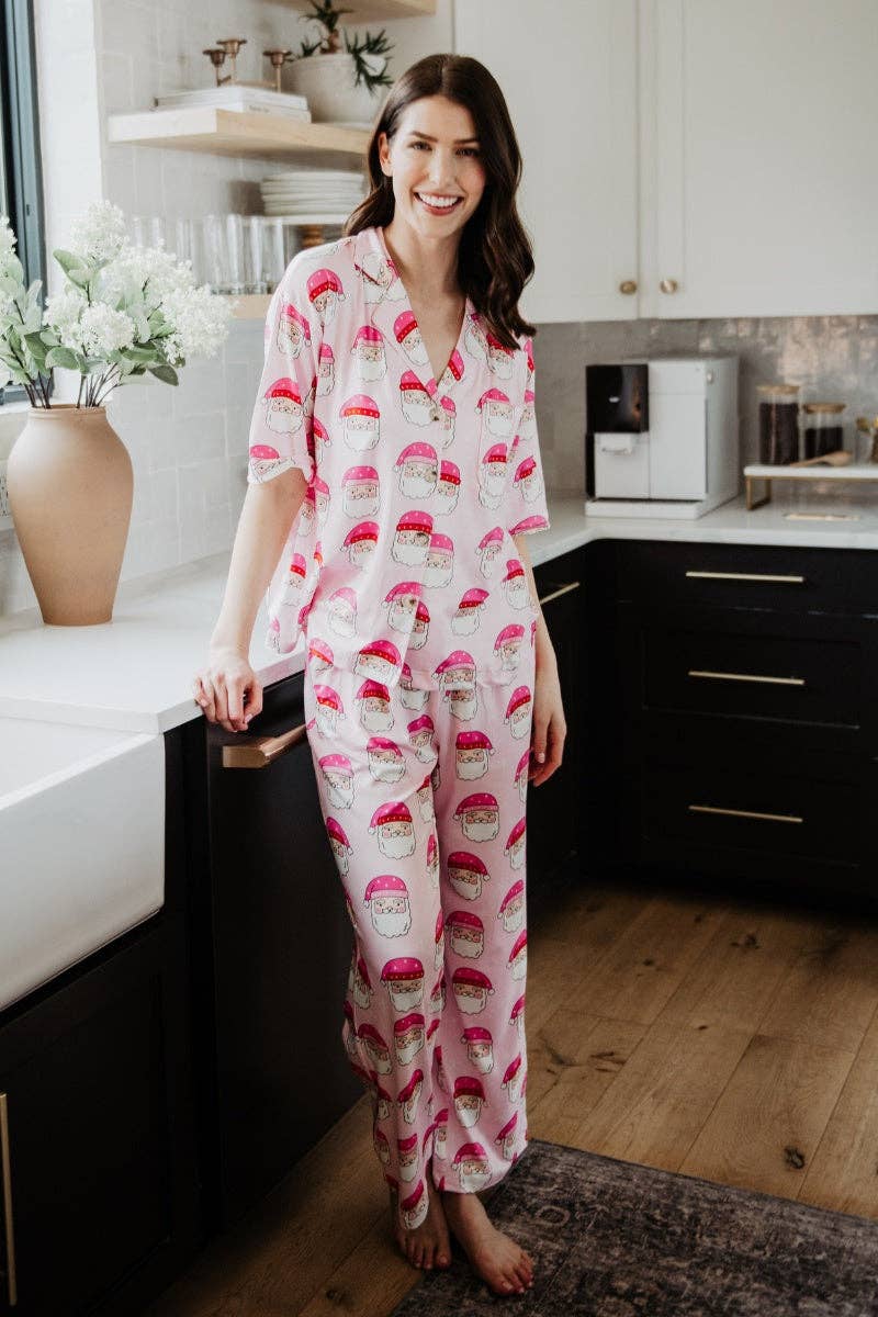 Pink Santa Face Women's Christmas Pajamas: Light Pink / XL