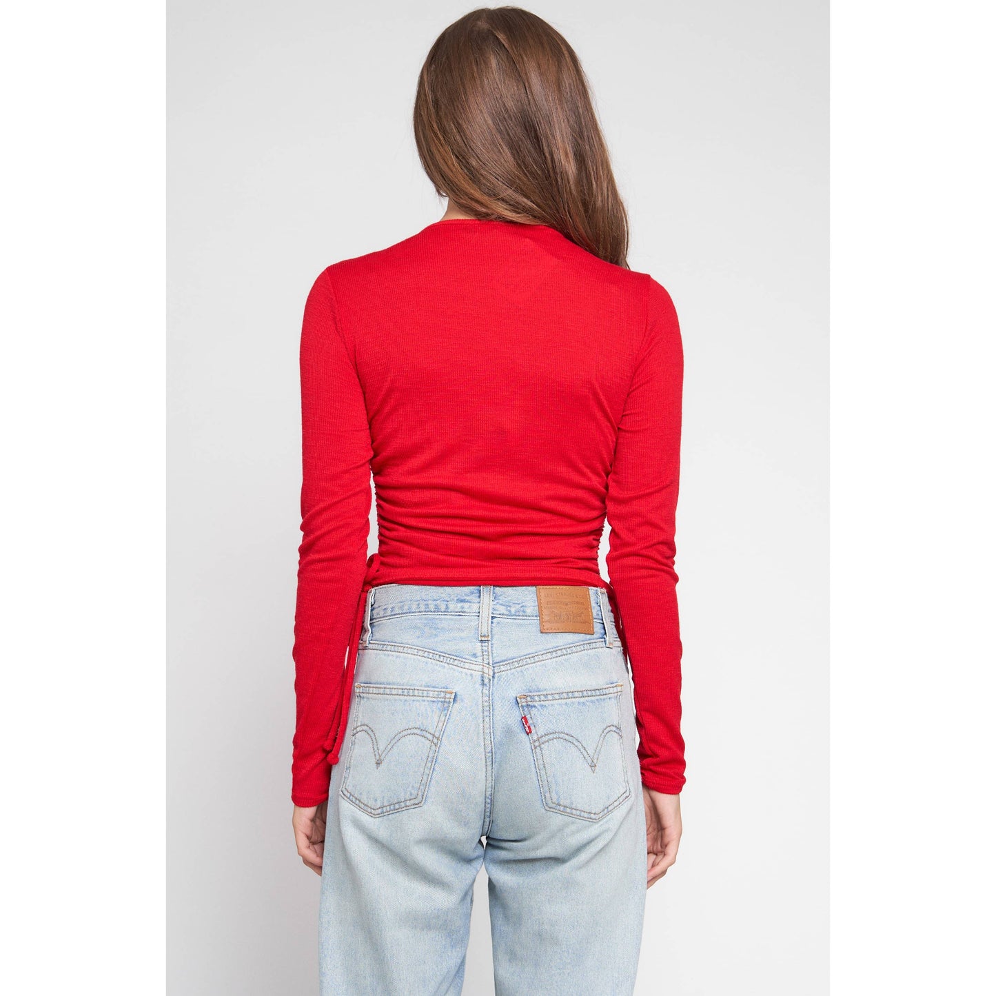 Scoop Neck Long Sleeve Side Drawstring Knit Top: Red / S-M-L(2-2-2)