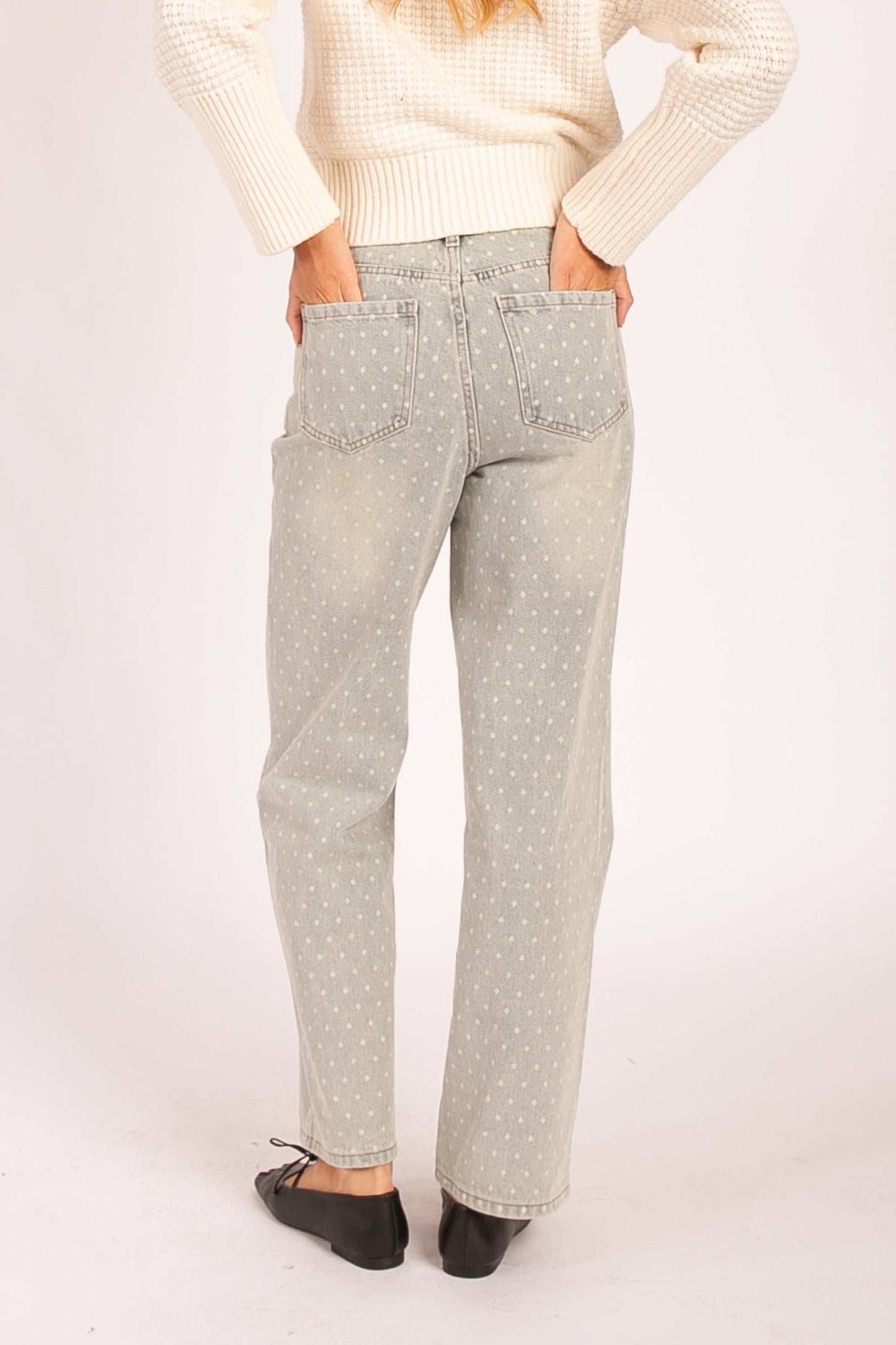 LP1032 Polka Dot High-Waisted Straight Leg Jeans: LIGHT DENIM / S-M-L (2-2-2)