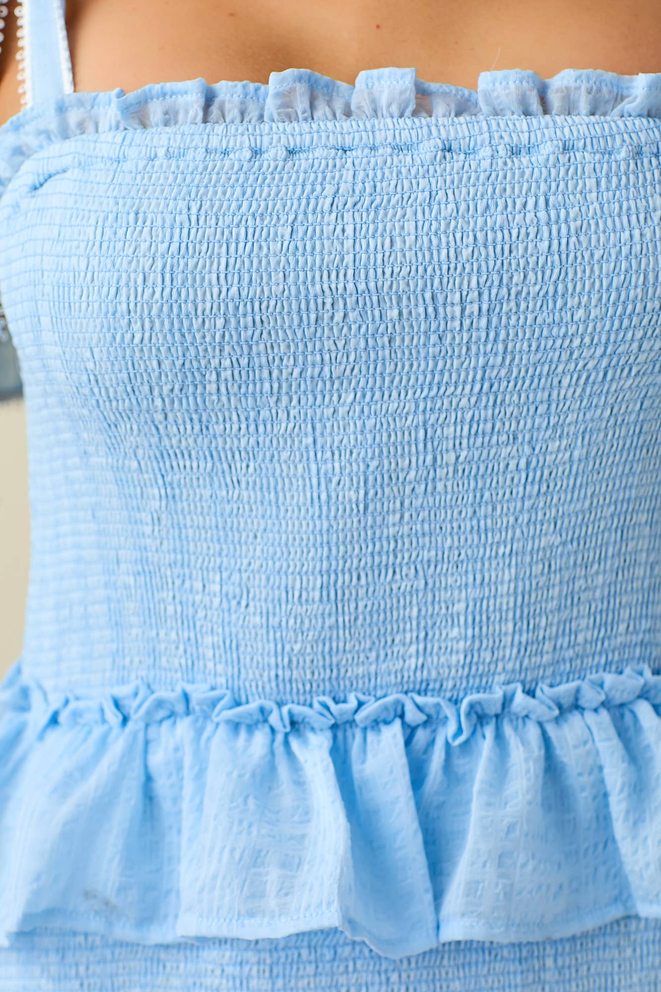 Jacquard smocked ruffled lace shoulder straps mini dress: BLUE / L