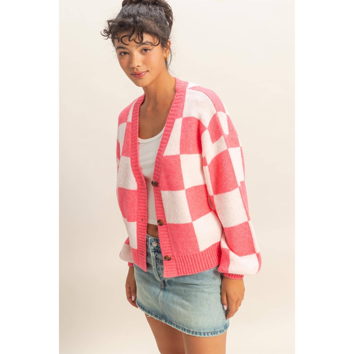 Checkered Button Front Cardigan Sweater: EMERALD/CREAM / S-M-L(2-2-2)