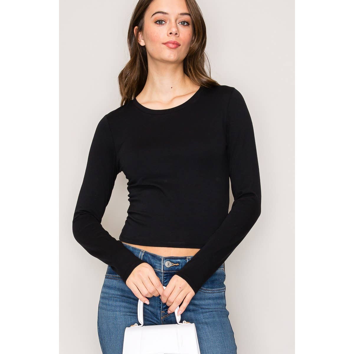 Crew Neck Long Sleeve Crop Top: Black / S-M-L(2-2-2)