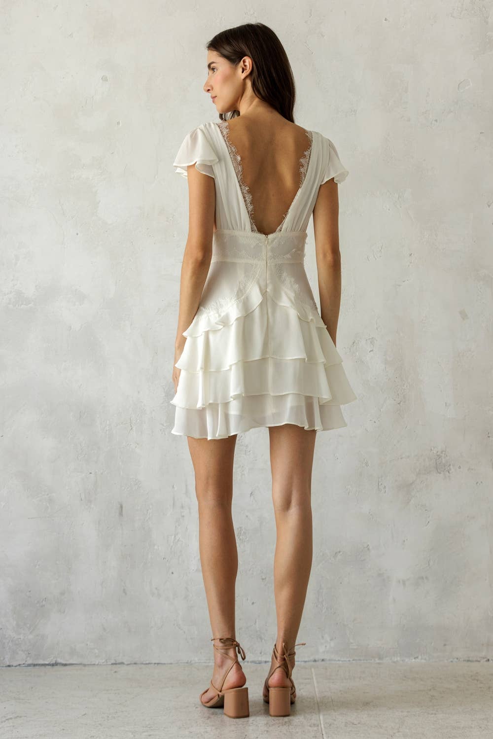 JD7934B- LACE TRIM TIERED MINI DRESS: IVORY / M